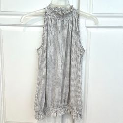 Adrianna Papell Womens S Sleeveless Blouse Polka Dot Ruffle Ruched Mock Neck