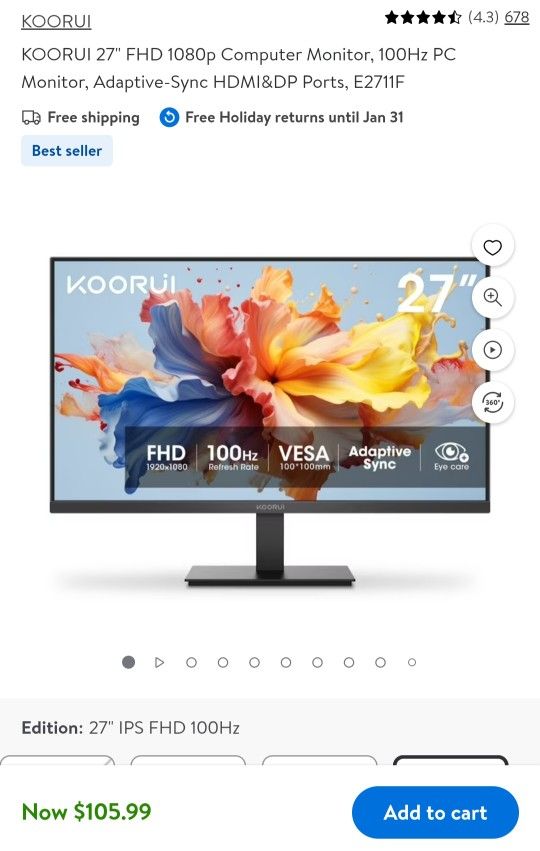 KOORUI 27" FHD 1080p Computer Monitor, 100Hz PC Monitor, Adaptive-Sync HDMI&DP Ports, E2711F