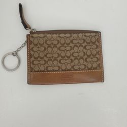 Coach Signature Logo ID Card Coin Purse Key Ring Wallet Canvas Leather Brown