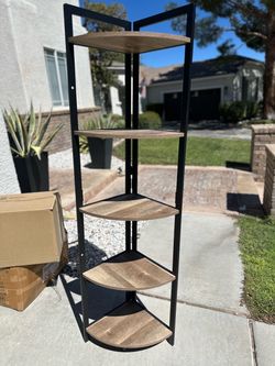 5-Tier Industrial Corner Shelf – Black Metal & Wood