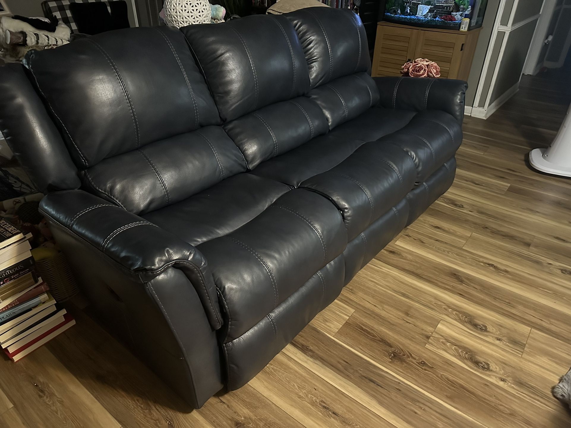 Navy Blue Leather Reclining Couch Barely Used Retails For $2200