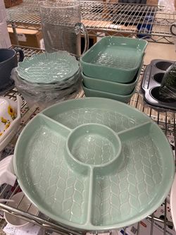 Serving Set - Multi Piece - Light Green Ceramic - Used - Good