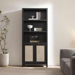71" Tall Bookshelf 5 Tier Rattan Boho Bookcase with Doors Storage Large Book Case Shelf Farmhouse Bookshelves Library Book Shelves