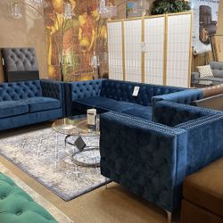 3 Piece Velvet Set In Grey Or Blue Sofa, Loveseat And Chair 