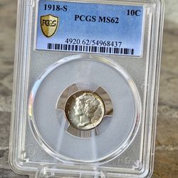 1918-S Mercury Dime PCGS MS62 Graded Silver Coin 