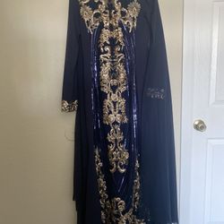 Navy Blue And Gold Long Sleeve Dress 