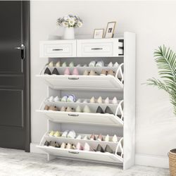 Shoe Storage Cabinet with 3 Flip Drawers, White Freestanding Storage Racks for Entryway Hidden Narrow Shoe Organizers Perfect for Heels, Boots, Slippe