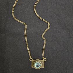 Necklace Teal Enamel Antique Camera w Rhinestone Long Chain BIDEL FM2