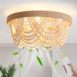 20" Boho Fandelier Ceiling Fan With Light And Remote Control 6 Speeds Low Profile Bladeless Ceiling Fan Wood Beaded Flush Mount Chandelier Fan For Bed