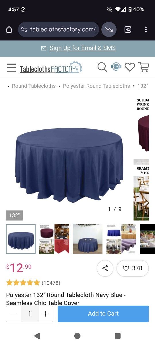 132 Round Navy Table Cloths Qty 12