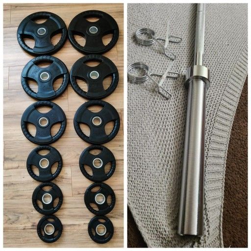 Brand New 290lbs Olympic Tri Grip Rubber Coated Weight Plates And Barbell Set FIRM PRICE
