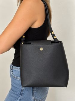 Tory Burch Emerson Black Saffiano Leather Bucket Shoulder Bag