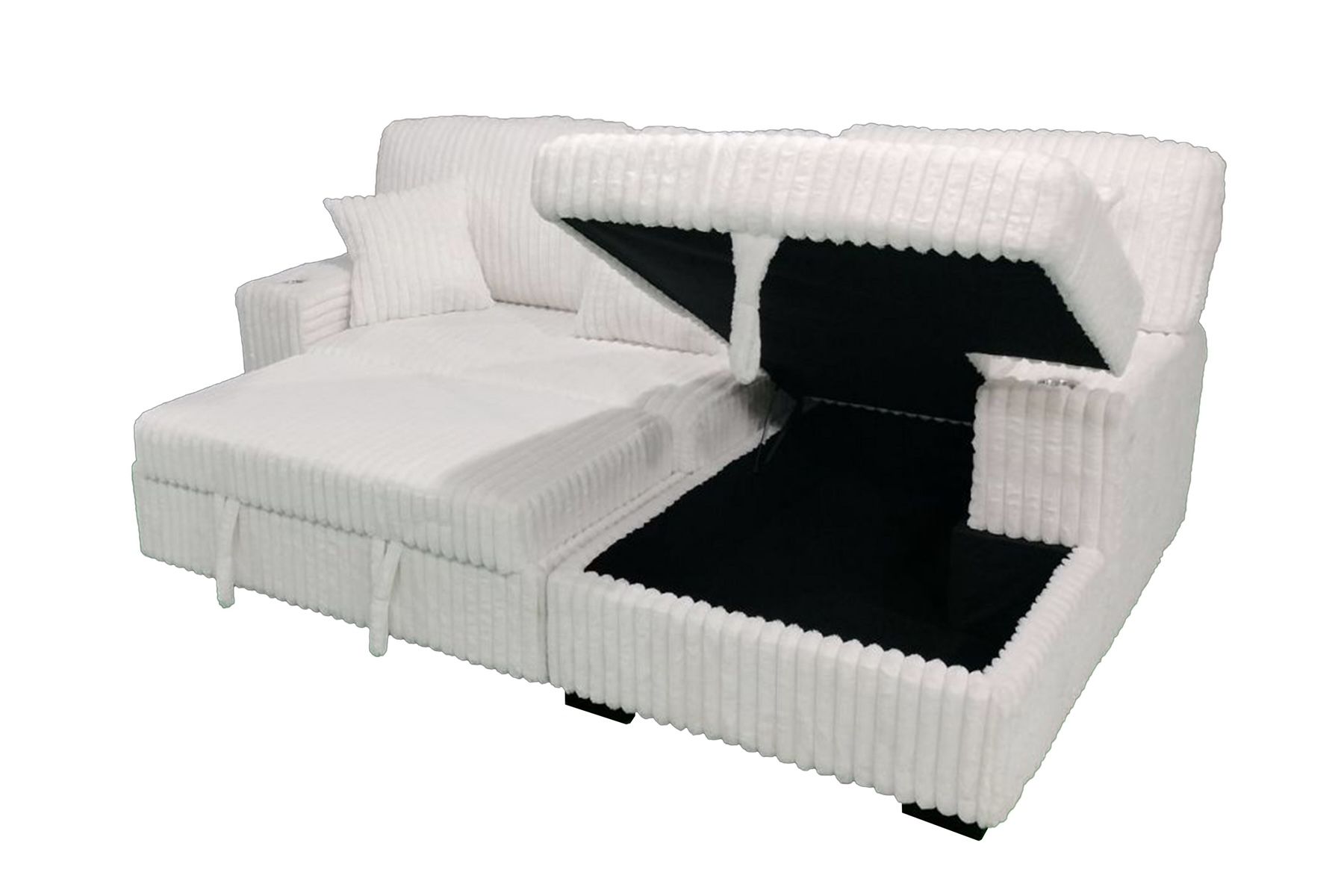 Ivory Corduroy Storage Sleeper Sectional w/ Dual Cupholders & USB Ports