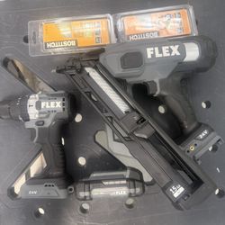 Flex 15 ga finish nailer hammer drill battery and nails
