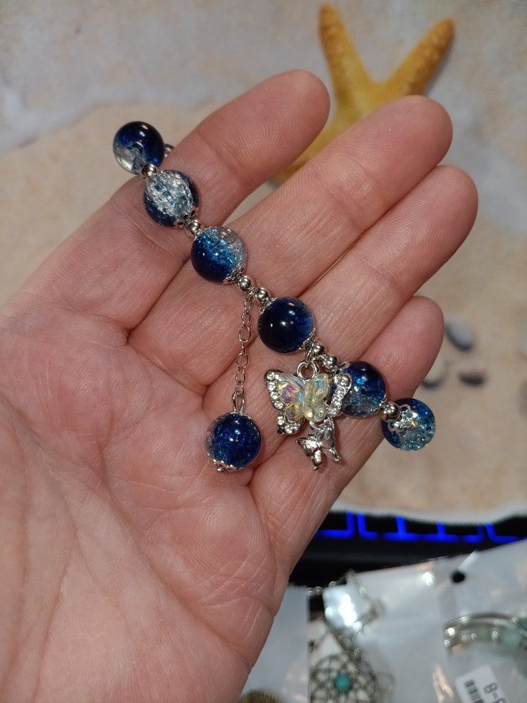 Blue Beaded Stretch Band With A Butterfly 🦋 Charm