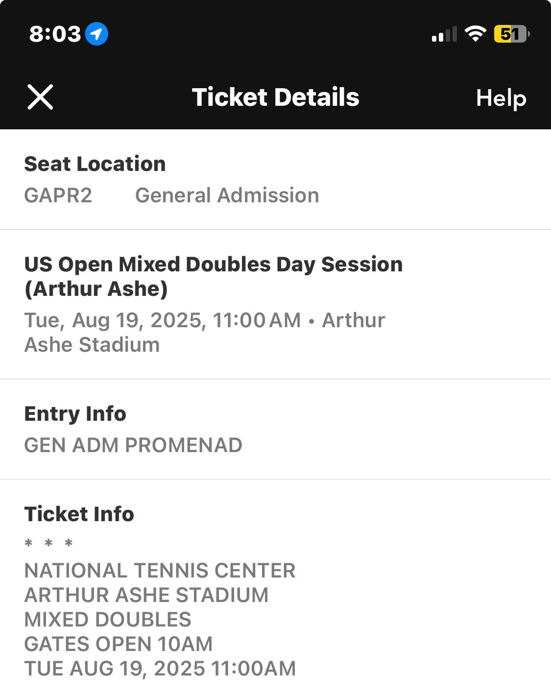 US OPEN TICKET