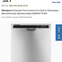 Whirlpool stainless steel 55 Decibel front control