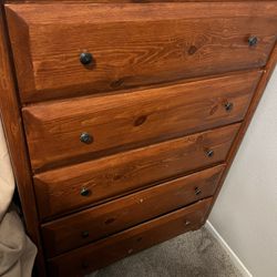 Full Size Wood Captians Bed Attached With Bookshelf W/ Tall Wood Dresser 
