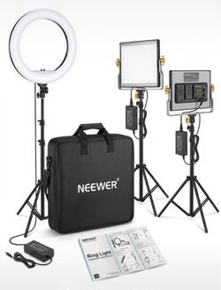 Neewer 3-Piece Studio Lighting Kit – 18" Ring Light & 2x NL480 Bi-Color LED Panels w/ Stands & Softboxes