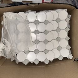 Octagon And Dot Matter White With Gray 12in X 12in Glazed Ceramic Mosaic Tile 