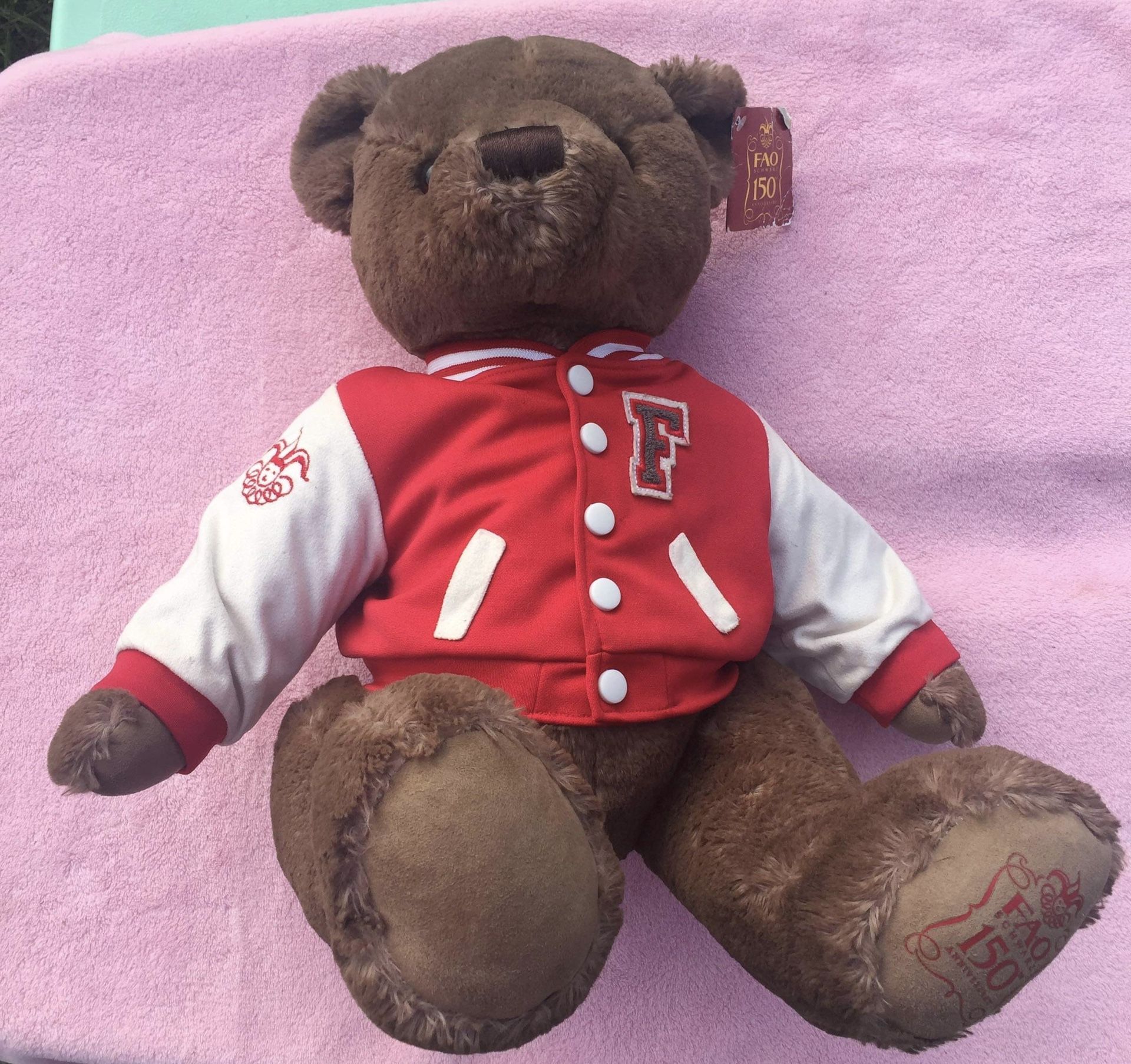 FAO Schwarz Plush Bear Wearing Varsity Jacket 150th Anniversary Teddy 13" Tall