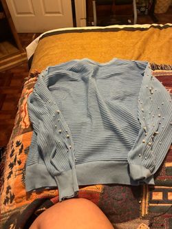 Light Blue Ribbed Knit Sweater with Pearl Details