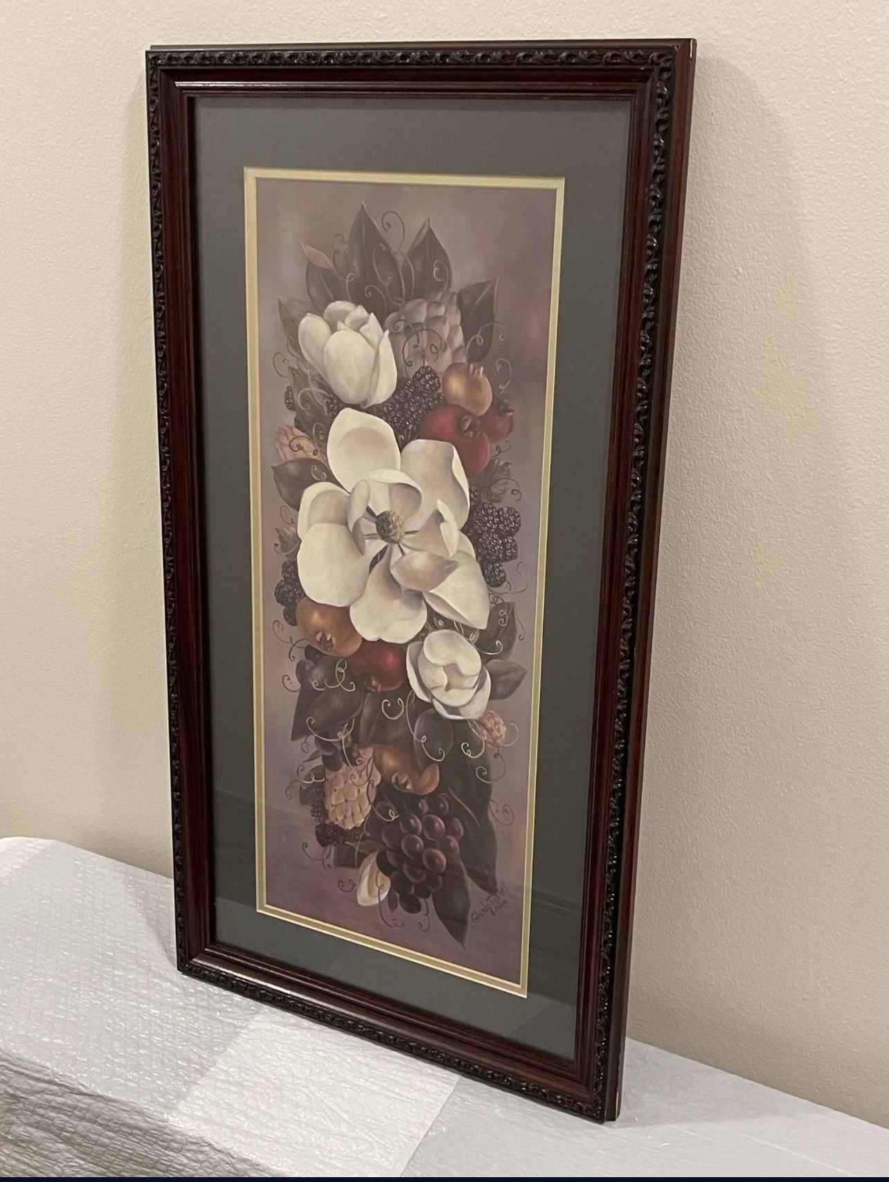 Distinctive Wood Frame, Matted & Glass-Covered Floral Wall Art