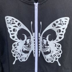 Black Hoodie Jacket With Butterfly and Skull Motif Size M  