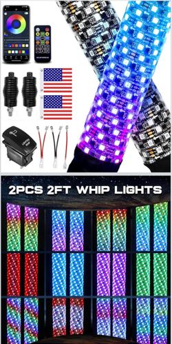 NEW VI9000 2FT LED Whip Lights Pair - Spiral RGB Chasing SXS UTV ATV Off-Road