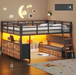 Full Size Low Loft Bed with Desk and 9 Storage Drawers,Loft Bed Full Size with 15.8" H Safety Guardrail, Kids Loft Bed with LED Lights & Charging Stat
