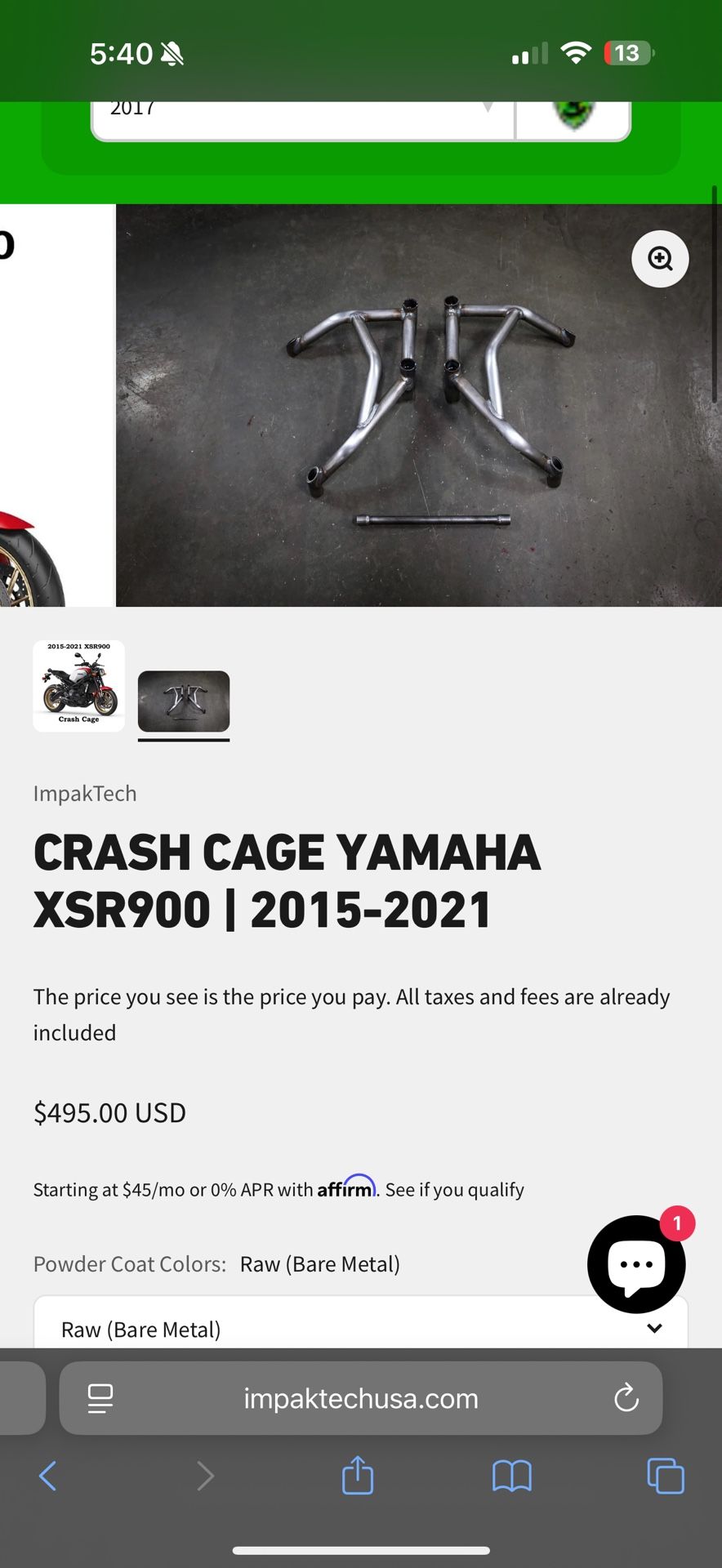 IMPAKTECH CRASH CAGE PAINTED BLACK 2017 XSR900/FZ-09/MT-09