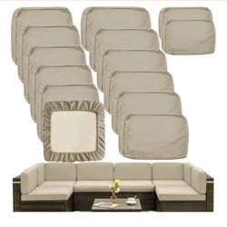 14Pcs Patio Cushion Slipcovers Replacement for 7Piece 6-Seater Rattan Wicker Sectional Couch Sofa, Washable