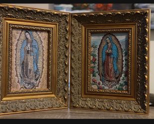 Religious set of Icon Banners Mary Guadalupe Pure Cotton Hand Made in Wood Frame Tapestry