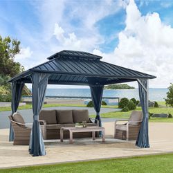 10x12ft Gazebo Double Roof Canopy with Netting and Curtains, Outdoor Gazebo 2-Tier Hardtop Galvanized Iron Aluminum Frame Garden Tent for Patio, Backy