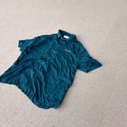 YoungLA Men's Small S Teal Silky Short Sleeve Button Up Camp Collar Shirt Embroidered