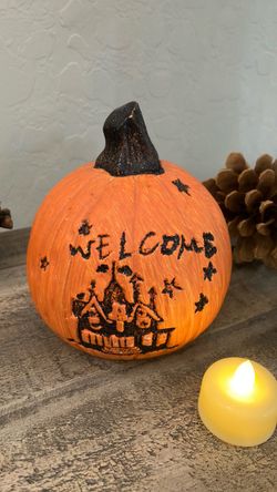 Spooky Halloween "WELCOME" Haunted House Pumpkin Decor – 6" Tall Tabletop Accent
