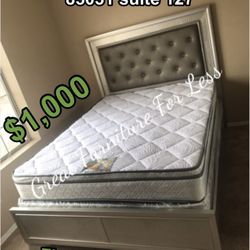 Queen Size Led Bed Frame With Pillow Top Mattress And Boxspring Brand New