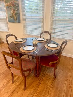 Antique Drop Leaf Dining Table + 4 Carved Wood Chairs