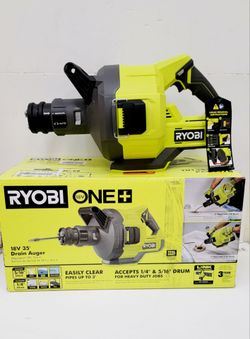 Ryobi ONE+ 18V cordless drain auger with a 35-foot cable. This lime green and gray tool is designed to clear pipes up to 3 inches in diameter. It incl