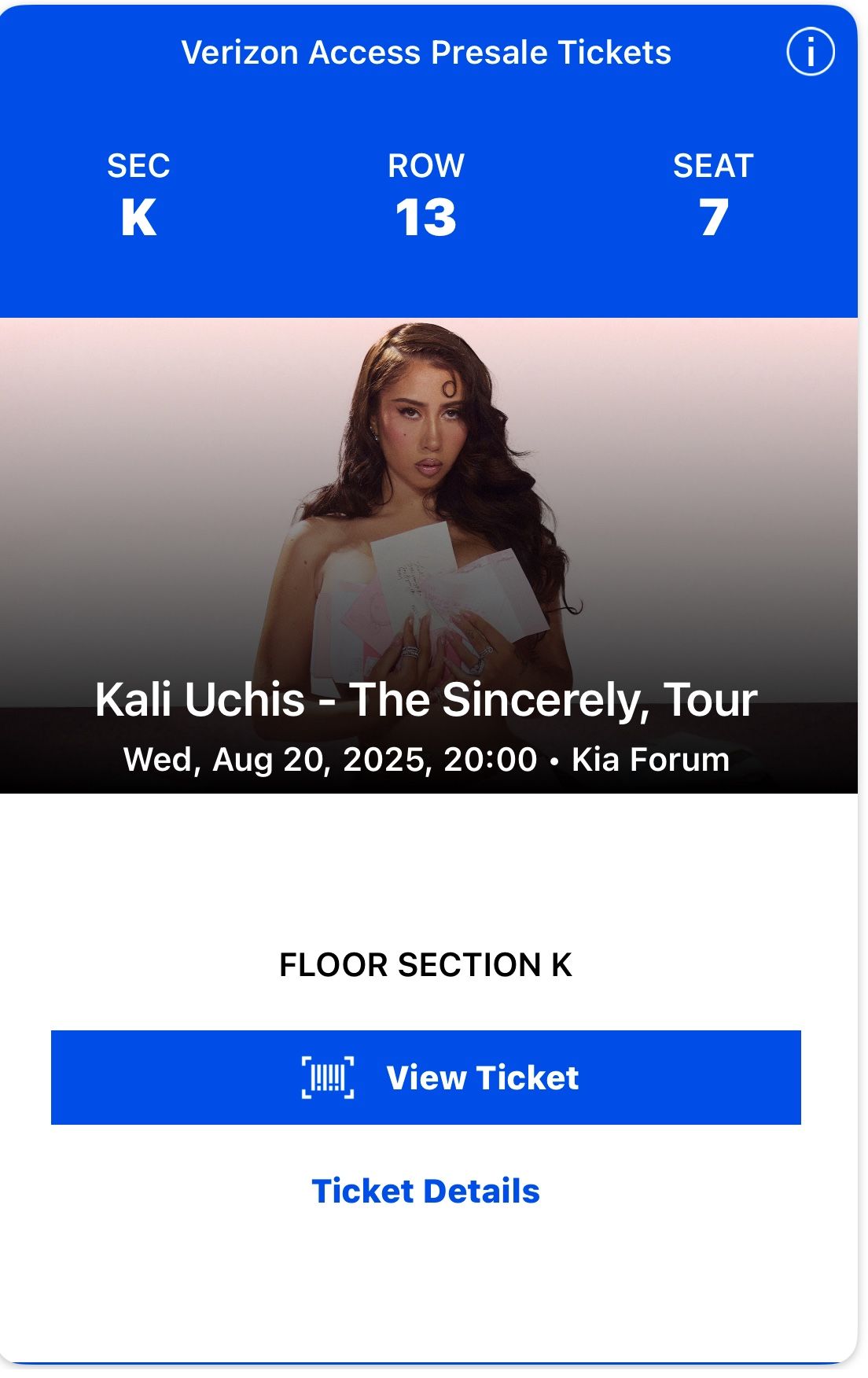 Kali Uchis Floor Ticket Kia Forum
