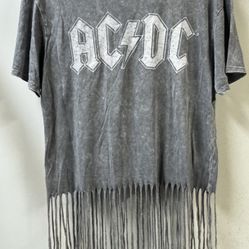 AC/DC Rock Band  Women's Size L Gray Acid Wash Fringe Bottom Tee Shirt Top