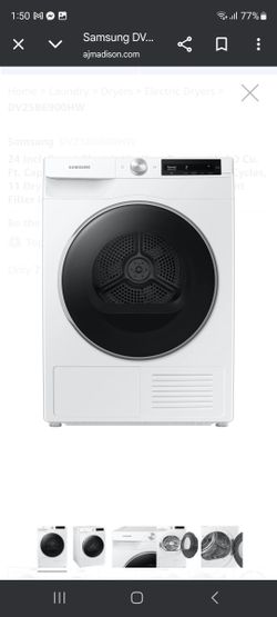 Samsung DV25B6900HW
24 Inch Smart Electric Ventless Dryer with 4.0 Cu. Ft. Capacity, Heat Pump Technology, 15 Dry Cycles, 11 Dry Options, AI Smart Dia