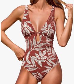 CUPSHE Women's One Piece Swimsuit Deep V Neck Keyhole Cutout O Ring Textured Bathing Suit