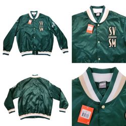 VTG Rare Exclusive NWT Nike X Lebron Signature Satin SVSM Varsity Jacket SZ XXL Men's Colorblock Spellout Signature L23 Lion Swoosh Green multicolored