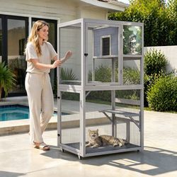 Catio on Wheels for Patio, Outdoor Cat Enclosure Window Access, Gray Cat House Outdoor Cat Enclosure on Wheels with Platforms for Outdoor, NEW