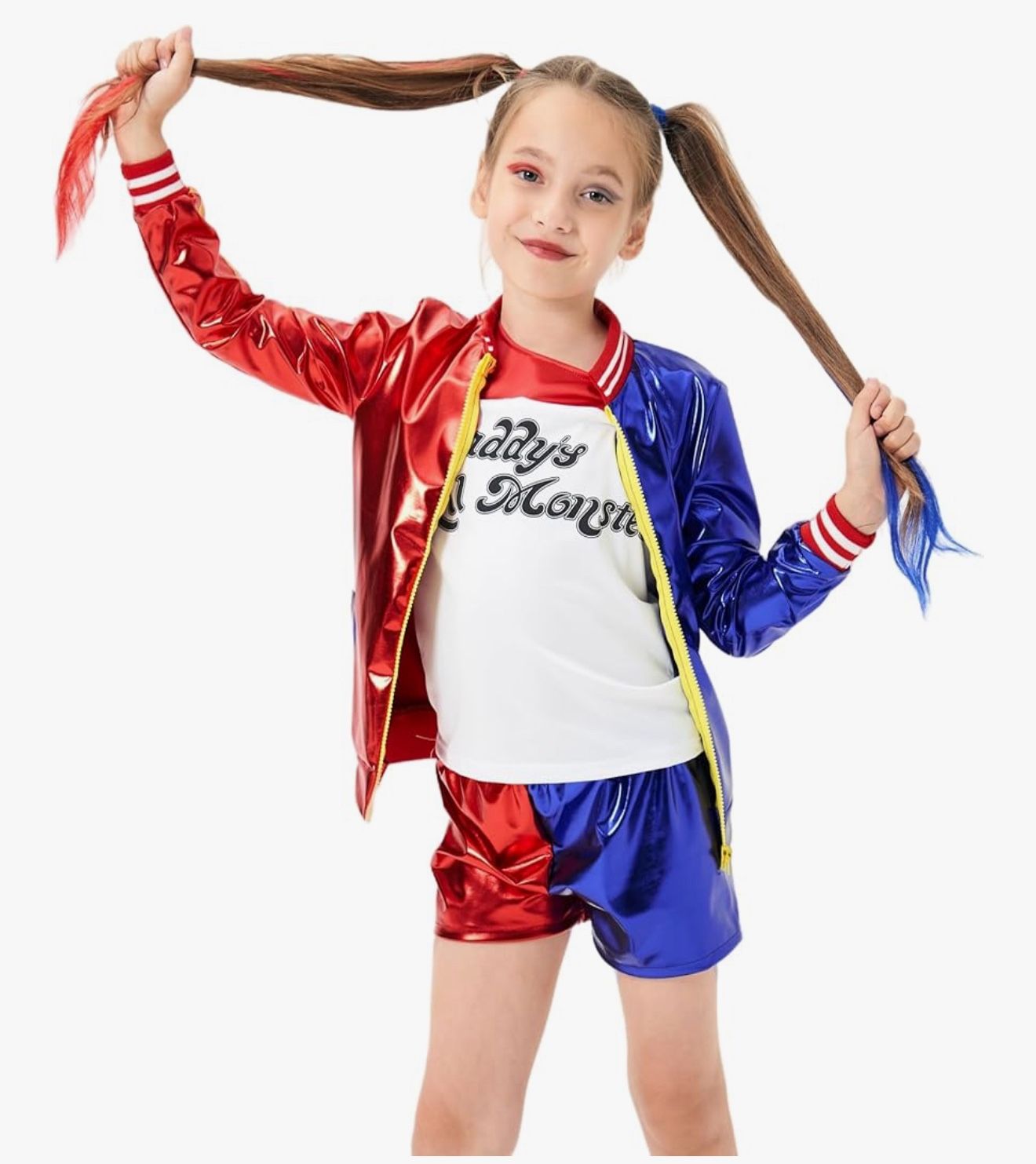NEW IN PKG, Halloween Costumes for Cool Girls -Harley Costume with Jacket Shorts Tshirt -Easy to Wear for Kids Cosplay Costumes XL