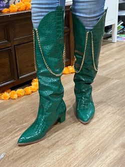 Green Croc-Embossed Knee-High Boots with Gold Chain