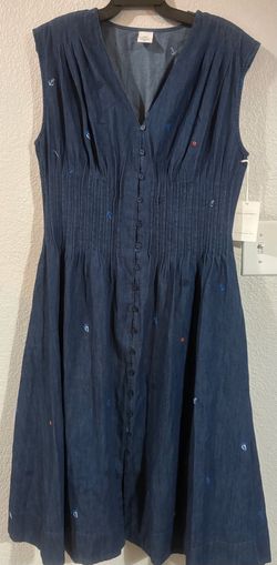 Sleeveless embroidered denim v neck midi dress