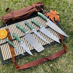 6 Pcs Damascus Chef Knife Set With Leather Roll Bag 