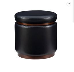 Linon Hawn Round Padded Storage Ottoman Dark Wood Trim in Black Faux Leather